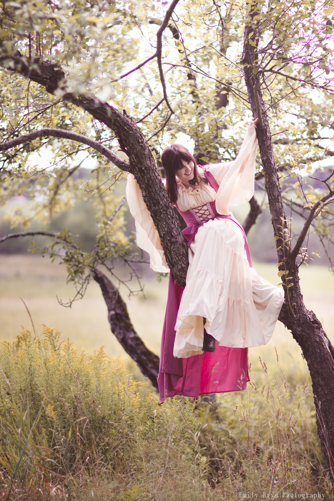 Woman sitting in a tree wearing a renaissance dress.